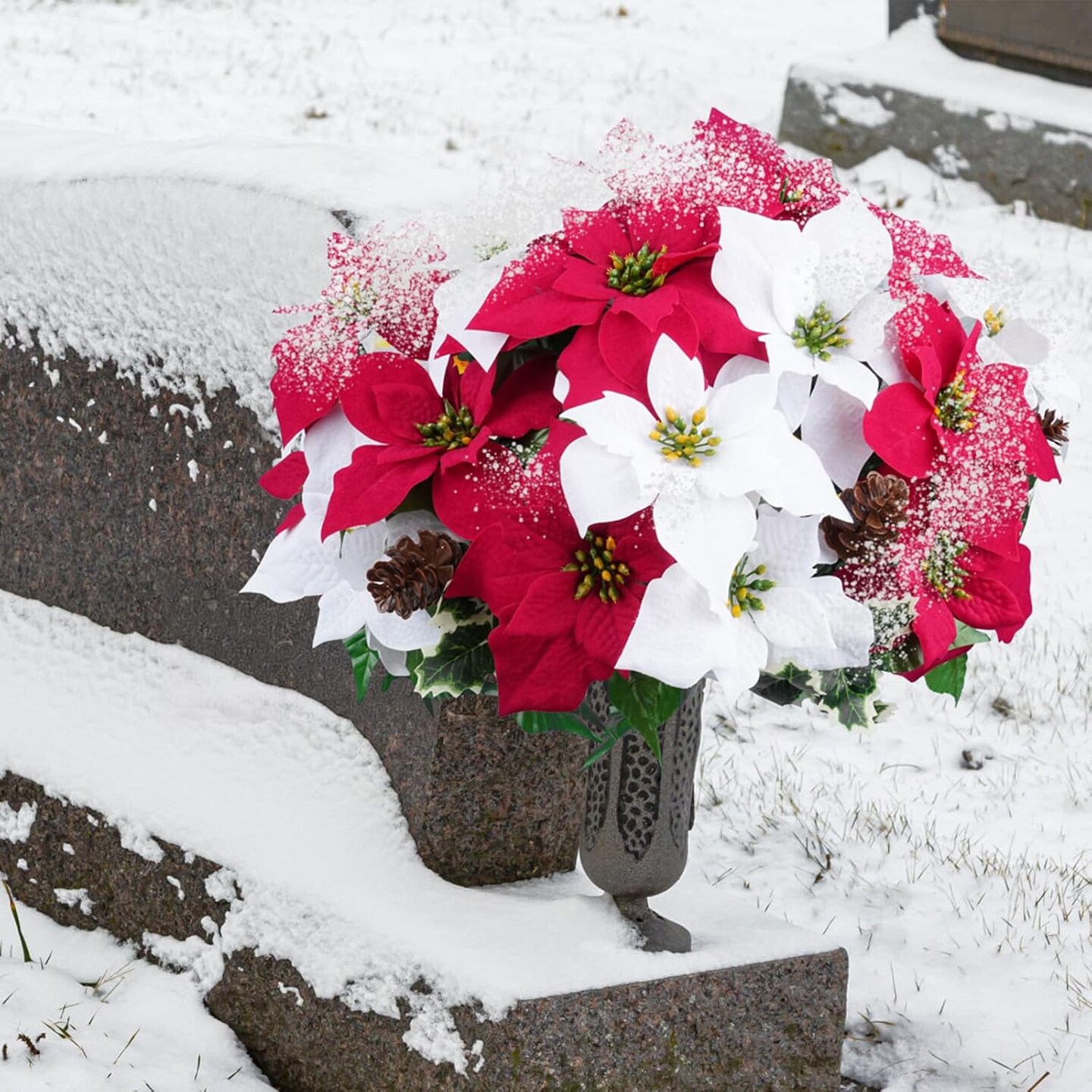 18.5&#x22; Christmas Flowers for Cemetery Faux Christmas Floral Arrangement with Faux Cone for Grave Centerpiece Home D&#xE9;cor