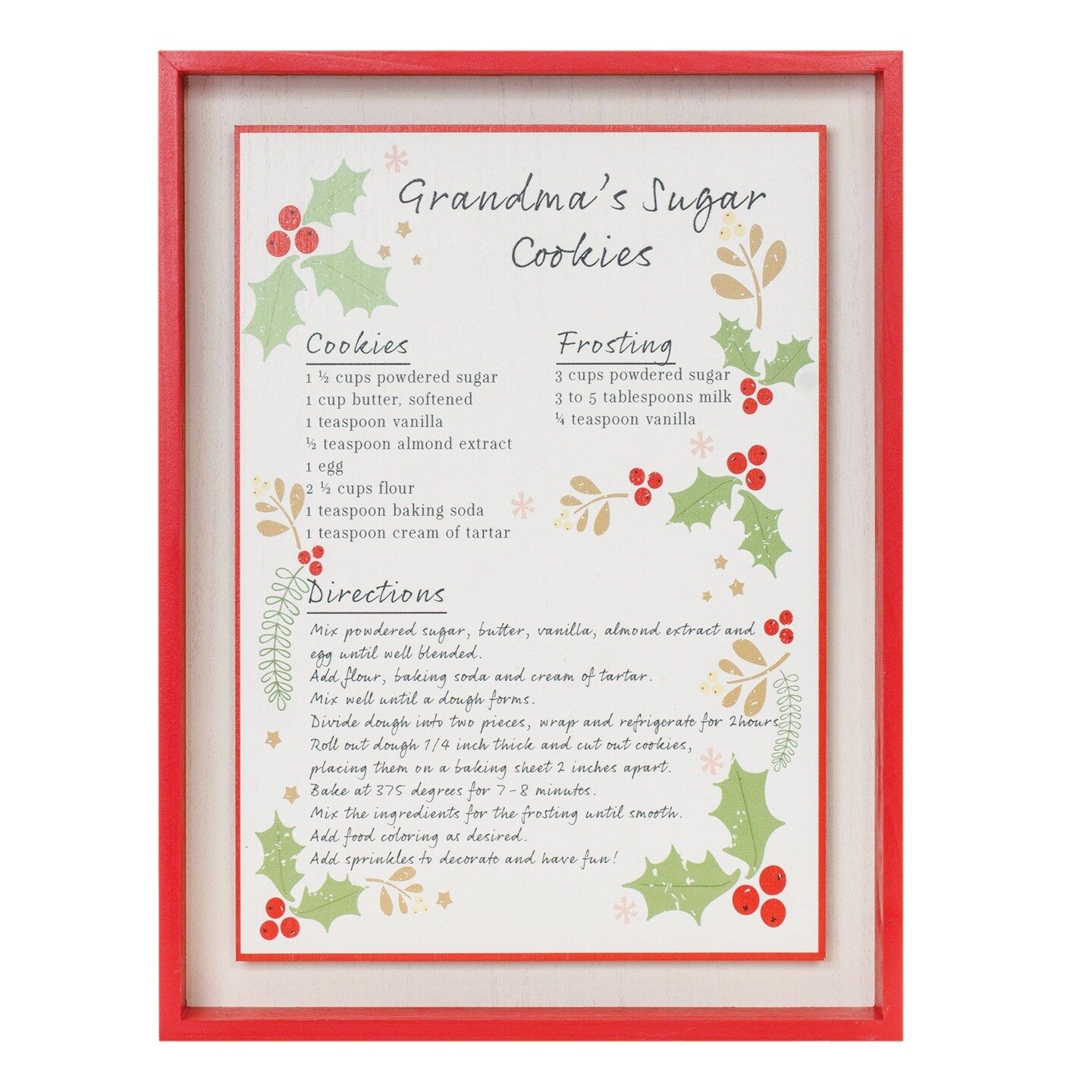 Melrose Grandma&#x27;s Sugar Cookie Recipe Framed Christmas Wall Sign - 16.5&#x22;
