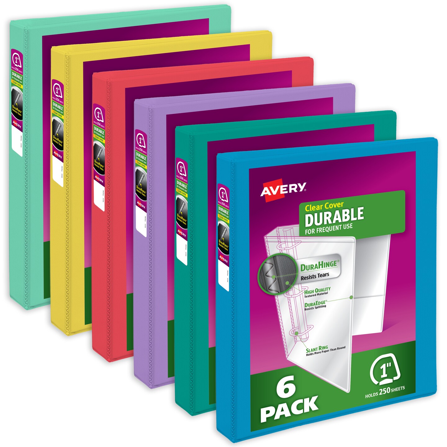 Avery Durable View 3 Ring Binders, 1 Inch Slant Rings, 250-Sheet Capacity, DuraHinge, 1.4 Inch Wide Spine, Customizable Clear Covers and Spine, Bright Colors (6-Pack of 05631)