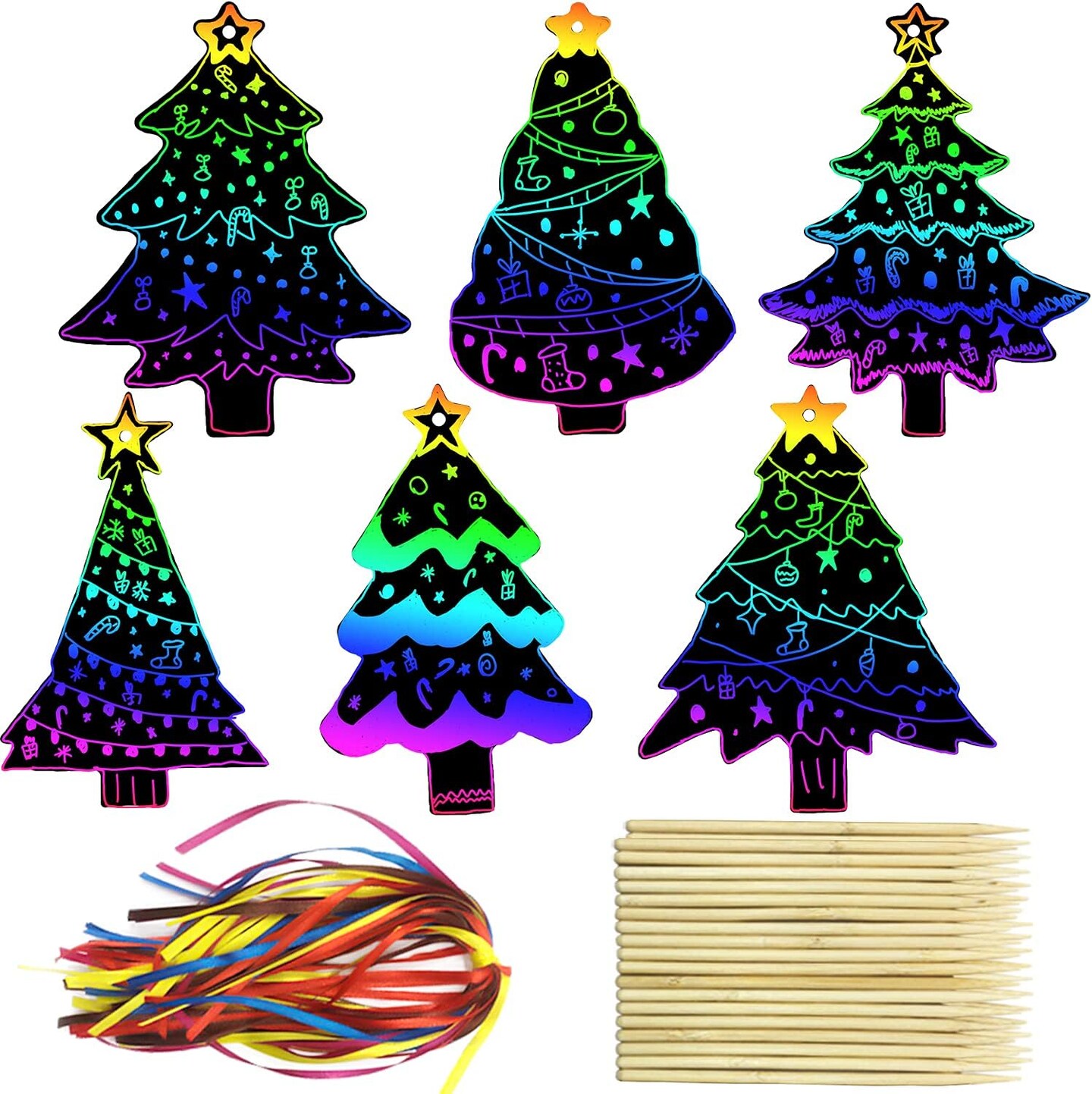 96Pcs Christmas Tree Scratch Paper Rainbow Color Scratch Ornaments Christmas Decorations Hanging Craft Art Kits with Wooden Stick and Ribbon for Kids Christmas Winter Party Favors