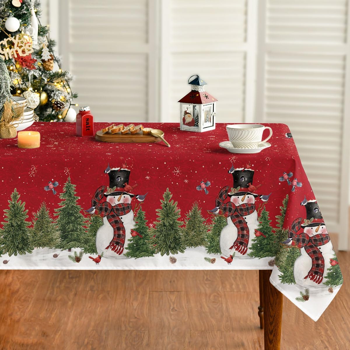 Christmas Tablecloth 60&#xD7;84 Inch, Winter Snowman Trees Red Washable Table Cover for Party Picnic Dinner Decor