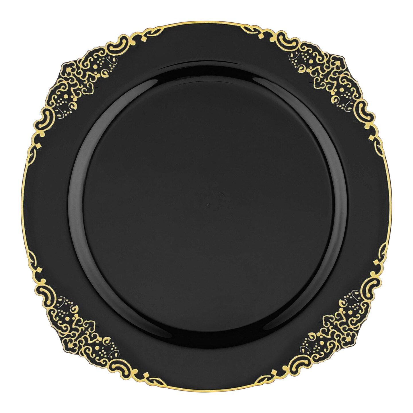 Black with Gold Fancy Round Disposable Plastic Dinner Plates - 10.25" (120 Plates)