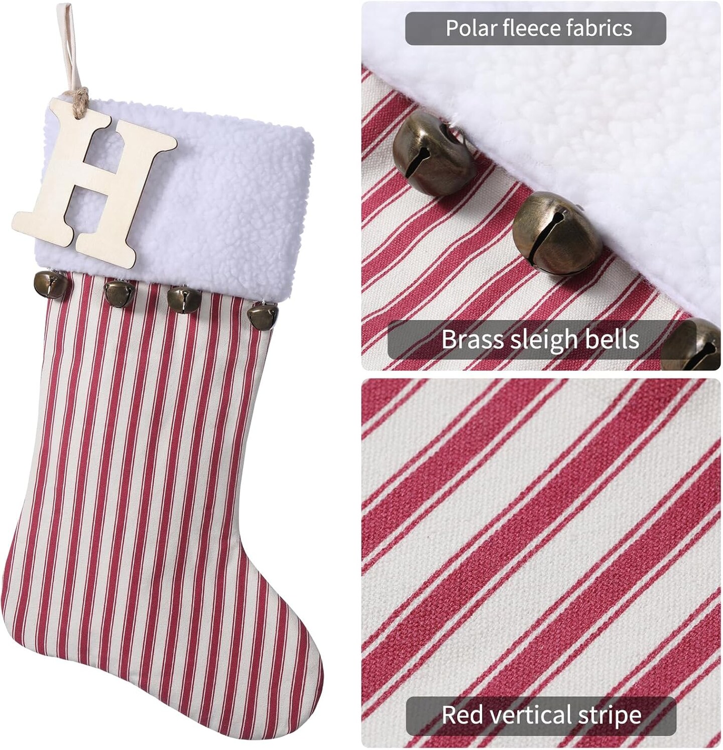 19.5 inch Red Vertical Stripe Christmas Stocking w/Bells, Personalized Wooden Initial Monogram Christmas Stocking, Holiday Xmas Party Decorations (J)