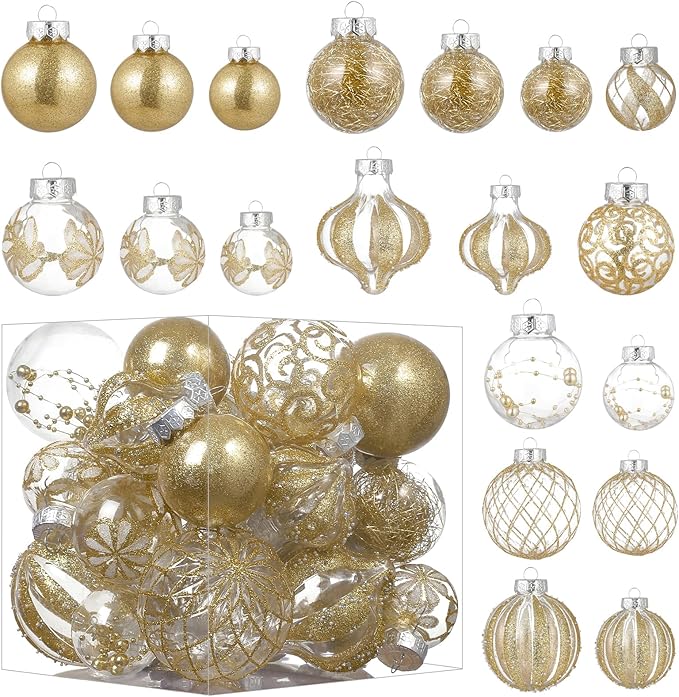 30pcs Shatterproof Plastic Decorative Christmas Ornaments Hanging Xmas Tree Baubles Set with Stuffed Delicate Glittering Decorations for Xmas Holiday (Gold)