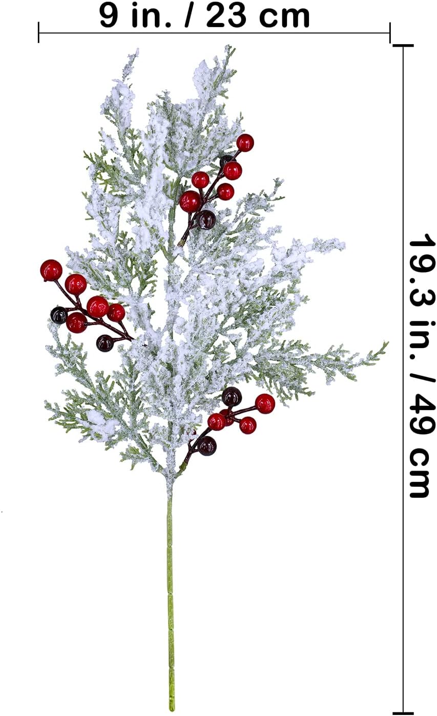 6 Pcs Snowy Artificial Cedar Picks with Red Berries Frosted Faux Cedar Sprays Christmas Cedar Greenery Branches Stems for Christmas Tree Wreath Floral Arrangement Vase Winter Holiday Décor