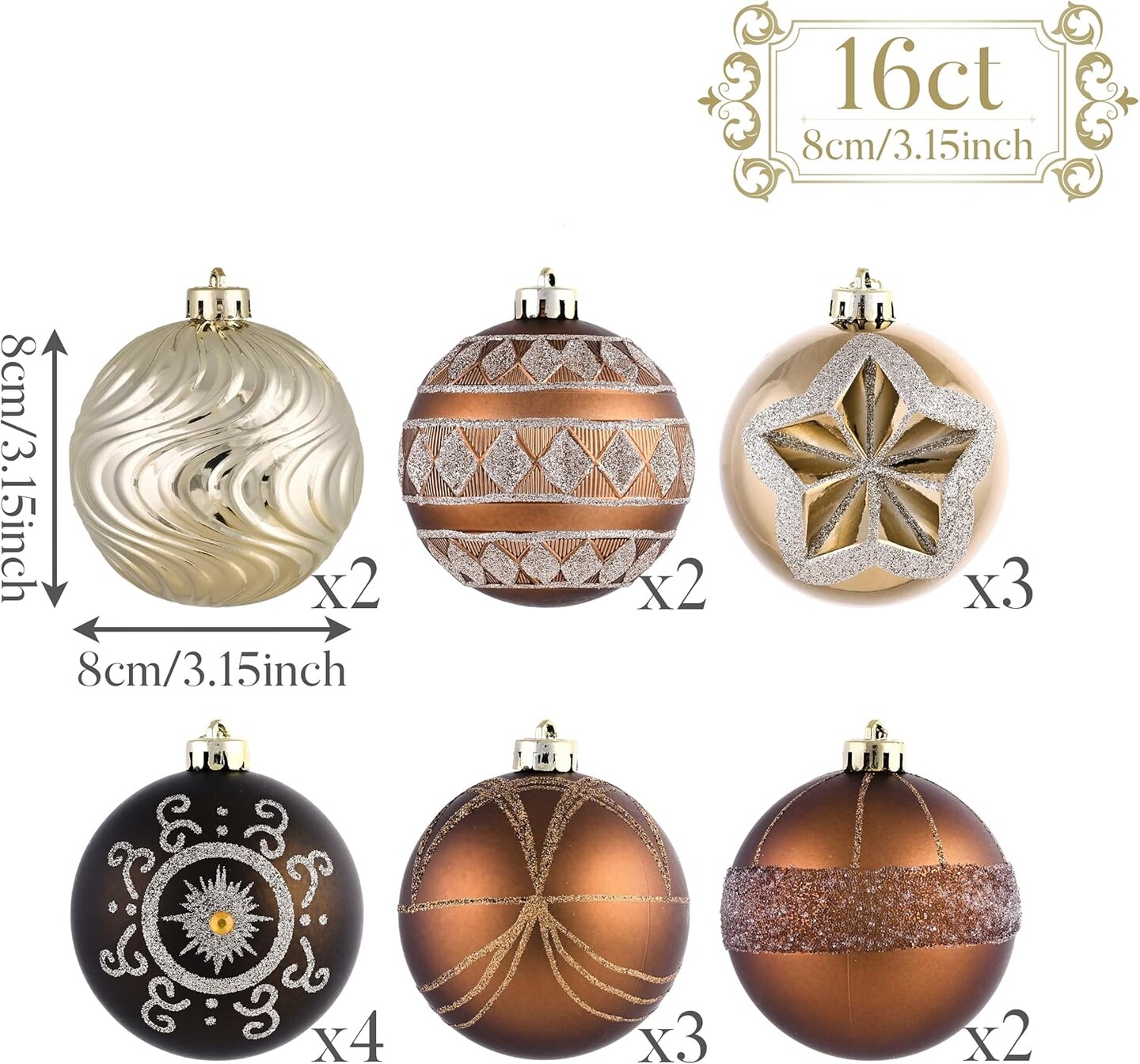 Ornaments for Christmas Tree Decorations, 16ct Bronze Copper and Gold Shatterproof Fall Christmas Tree Ornaments Set, 3.15 Inches Luxury Brown Hanging Ball Decor Bulk for Xmas
