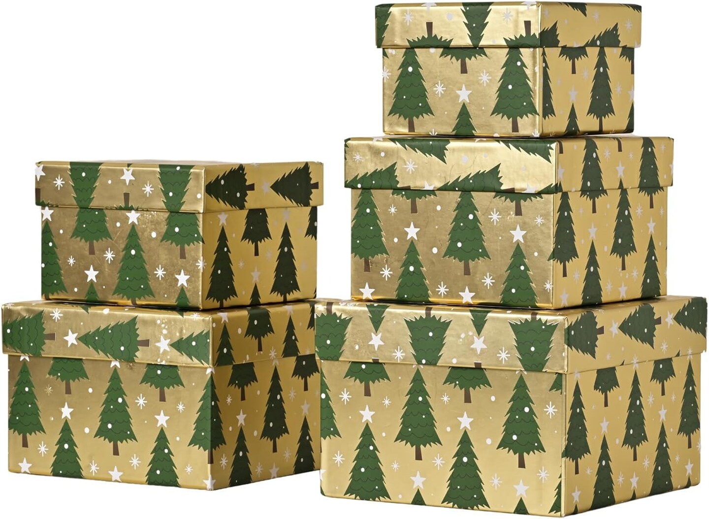 5PCS Christmas Nesting Gift Boxes Set, Gold Foil Green Xmas Tree Flat Square Cardboard Nested Box with Lid, for Gift Wrapping Holiday Present Birthday, Assorted Size