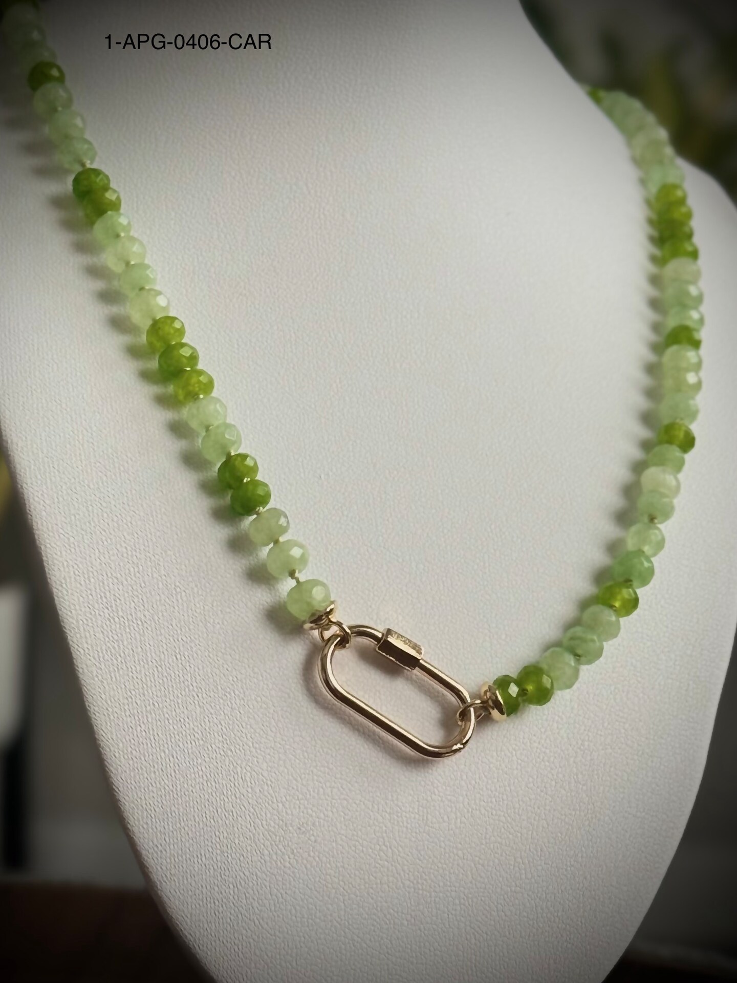 Jade 4x6mm Beaded Necklace with Gold Tone Carabiner Clasp
