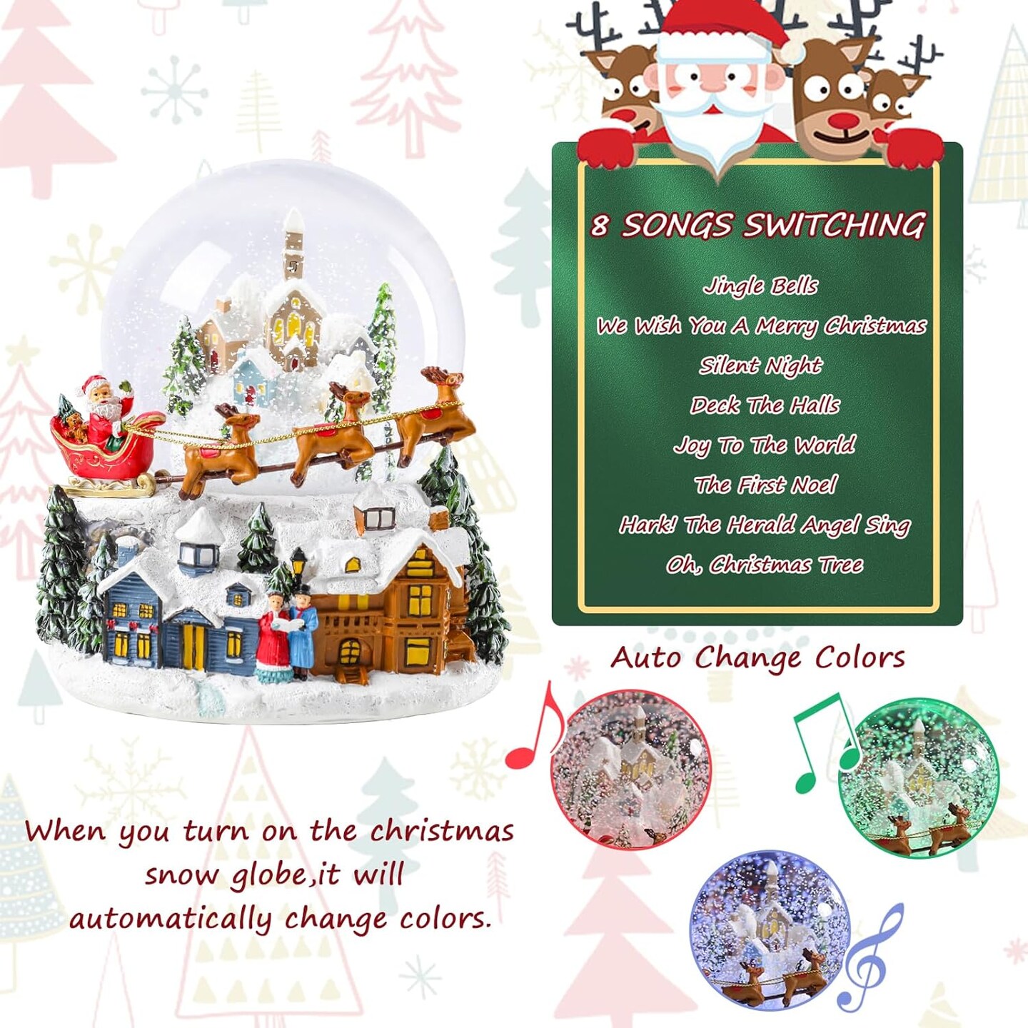 Christmas Snow Globe, Santa Claus Rides an Elk Sleigh Musical Snowglobe with Swirling Glitter Snowflakes Lighted Christmas Decorations Tabletop Home D&#xE9;cor