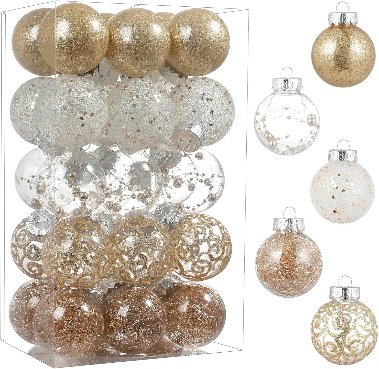 Clear Christmas Ball Ornaments Set, 30pcs 2.36&#x22; Shatterproof Large Clear Plastic Hanging Christmas Tree Ornaments Sets Ball Decorative with Stuffed Delicate Decorations- Champagne