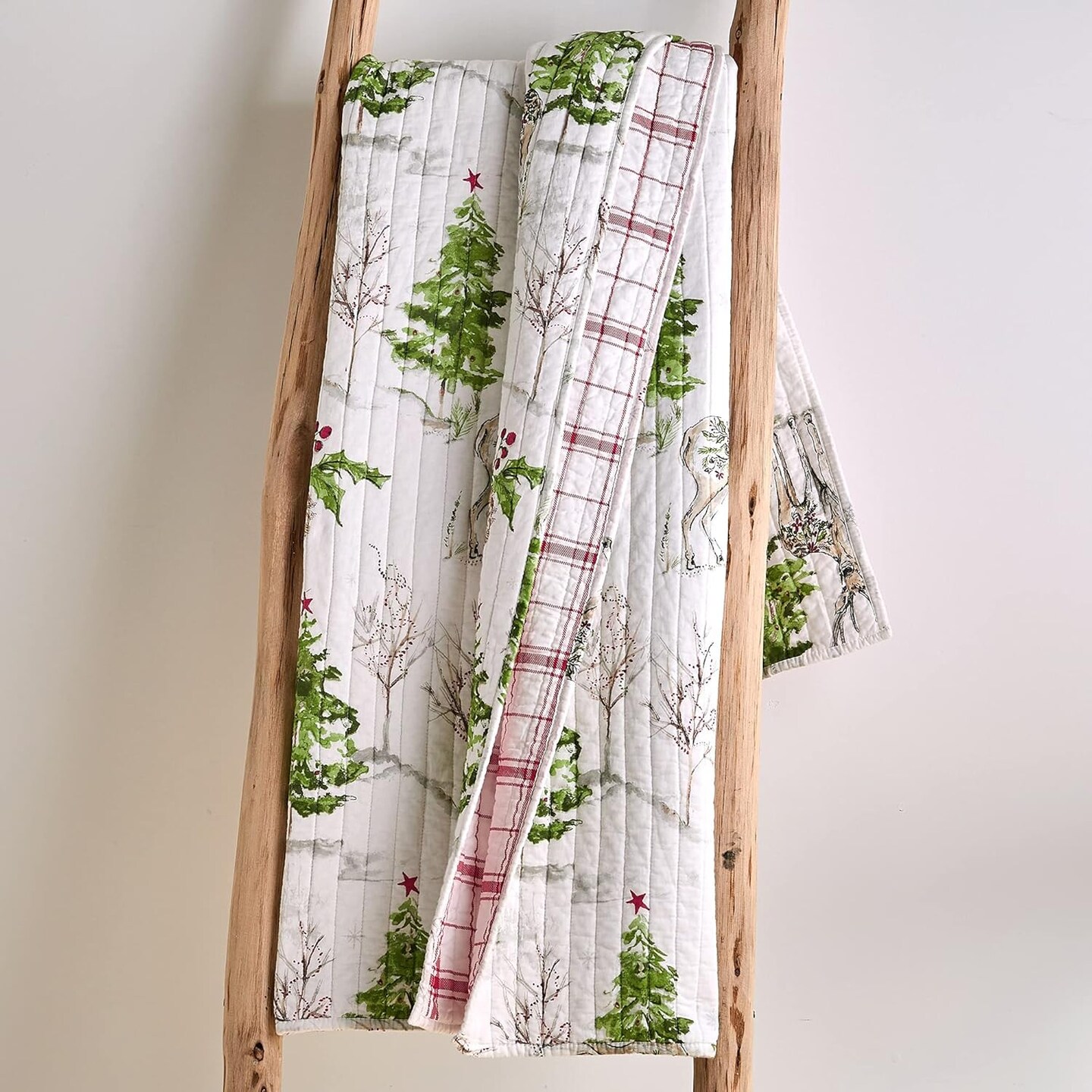 Sleigh Bells Quilted Throw Christmas Tree and Reindeer - Red Green Grey White - Holiday Quilted Throw Size 50x60in. - Reversible - Poly