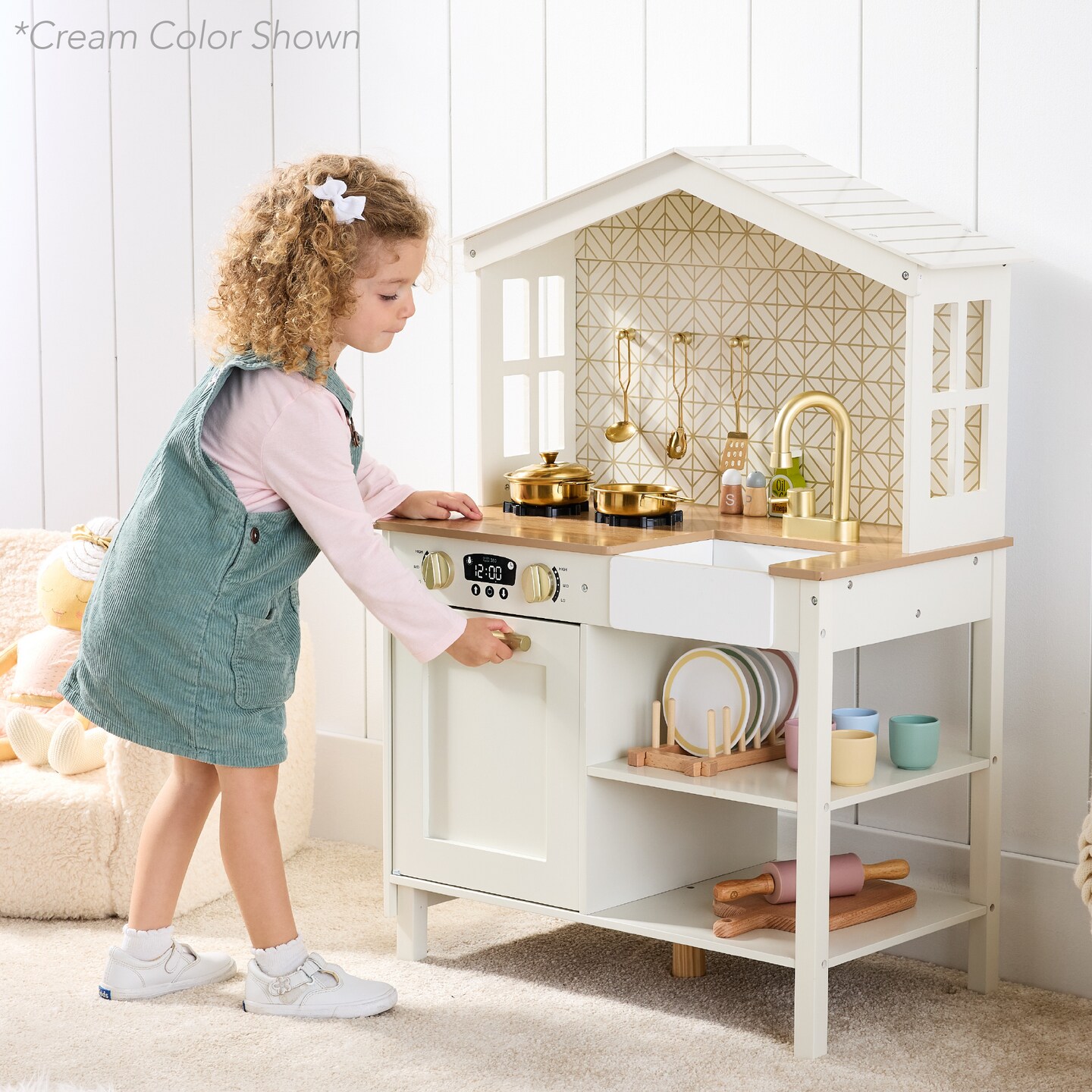 Best Choice Products Farmhouse Play Kitchen Toy for Kids w/ Chalkboard, Storage Shelves, 5 Accessories