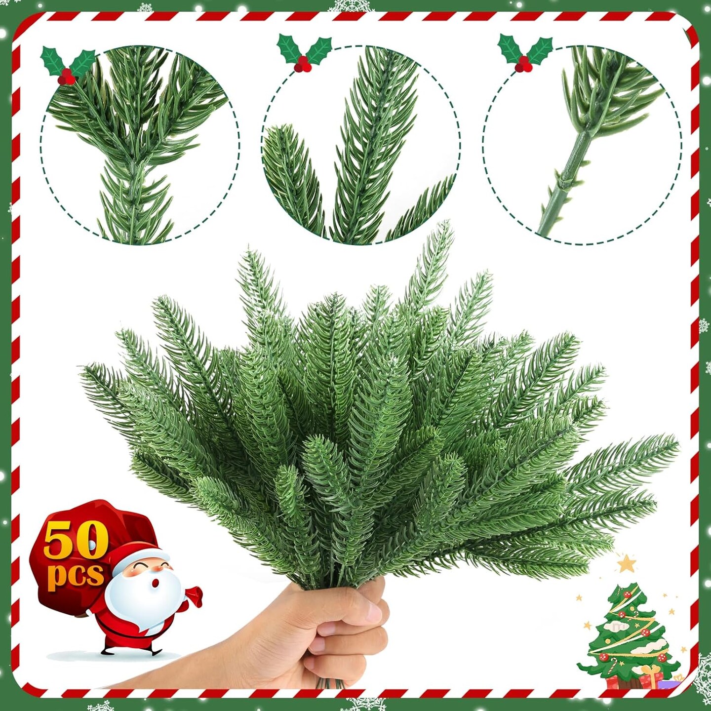 50 Pcs Artificial Pine Branches Christmas Greenery Plants Pine Needles DIY Cedar Picks and Sprays Accessories for Christmas Garland Wreath Craft and Home Decor (50, Green)