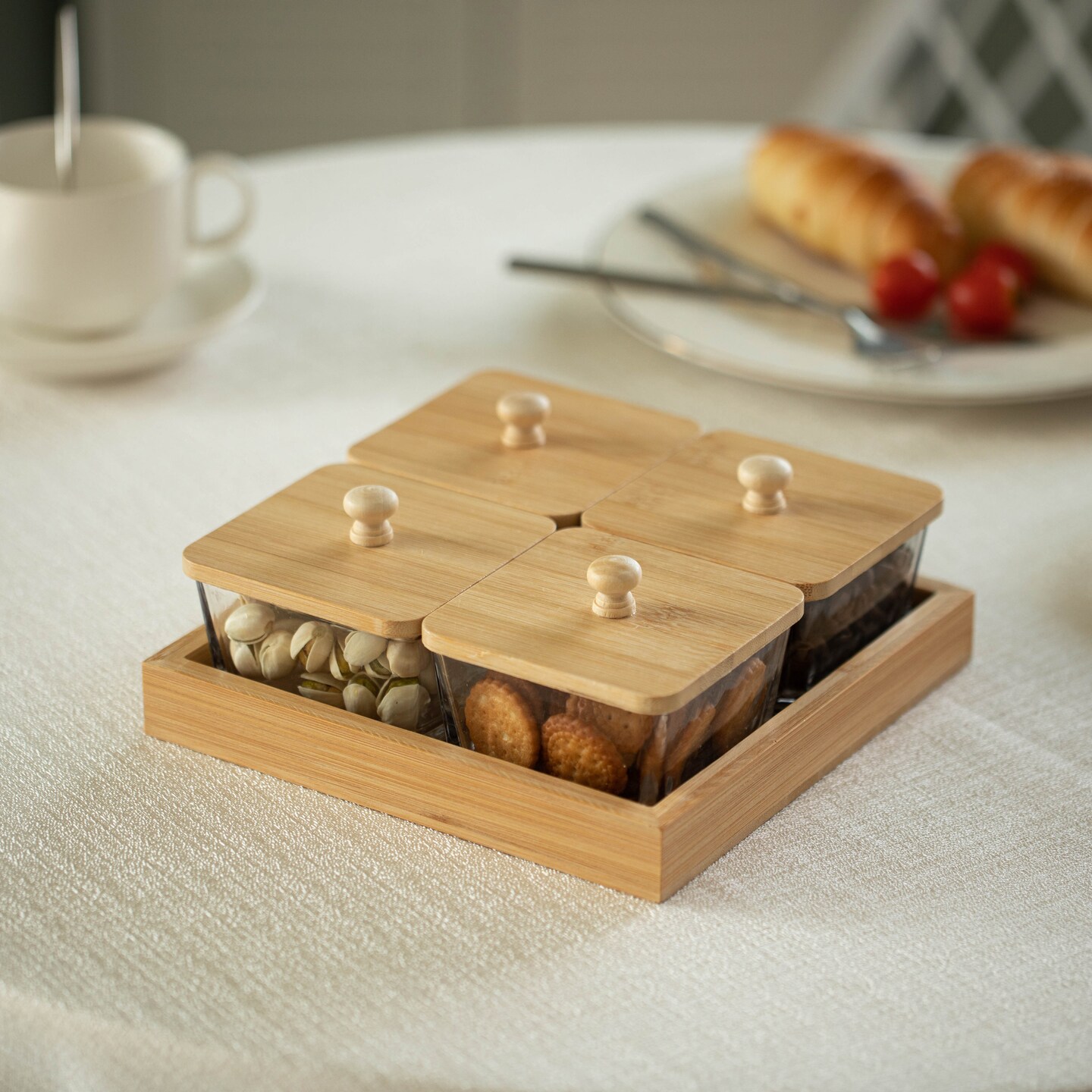 Basicwise Set of Glass Jars with Bamboo Lids and Wooden Tray &#x2013; Charcuterie, Snack Organizer, and Fruit Platter for Party, Candy Jars, Cookies, Nuts, Fruits and Snack Box