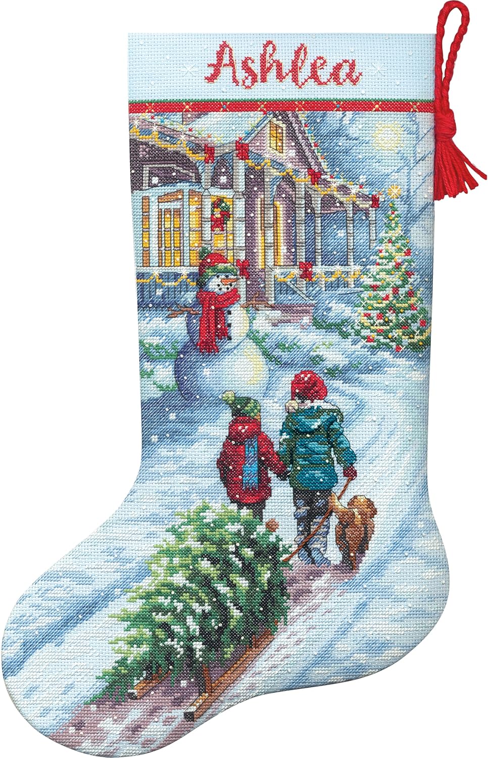 70-08995 Holiday Tradition DIY Personalizable Christmas Cross Stitch Stocking Kit, 16&#x22; L, 14 Count Light Blue Aida, Various