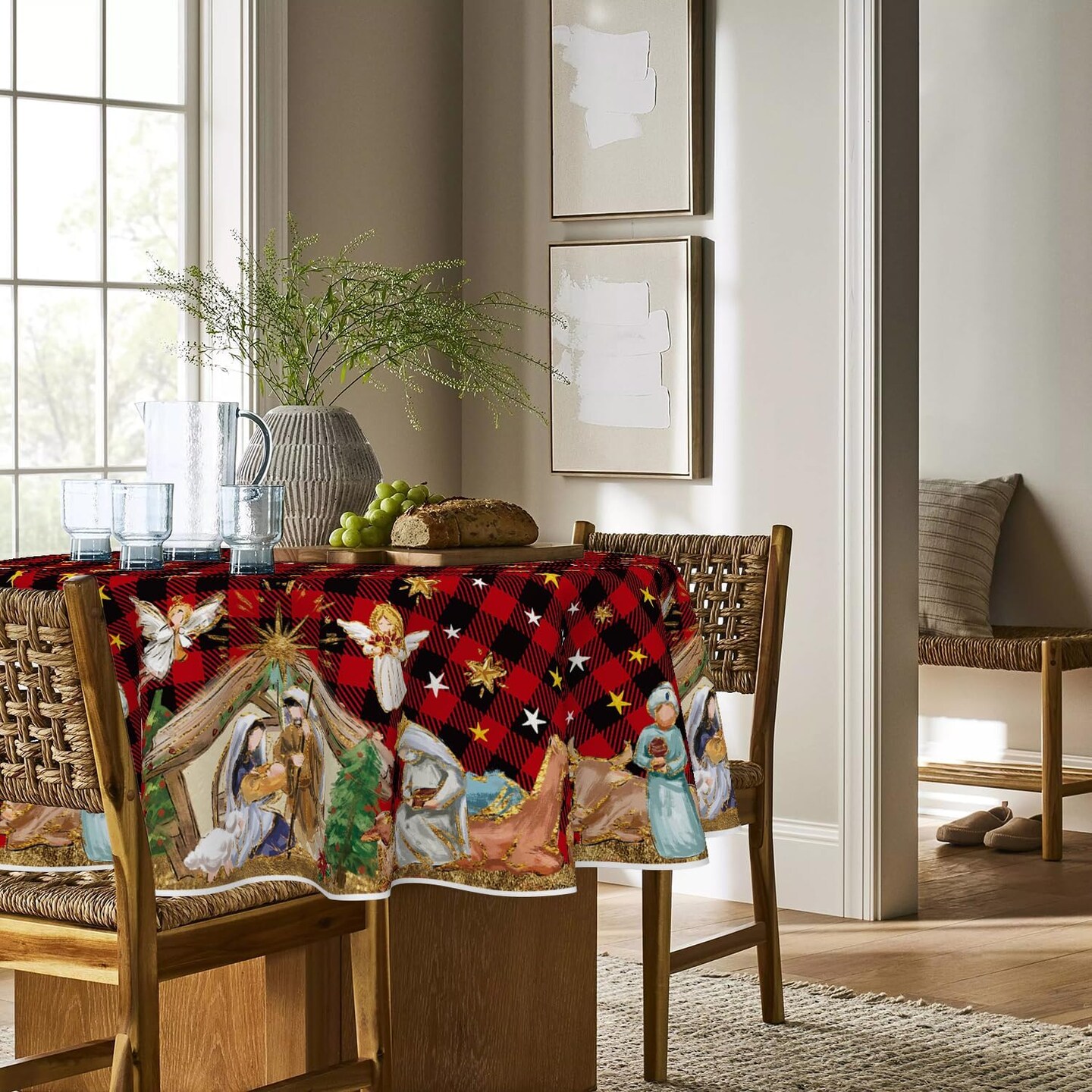 Christmas Tablecloth 70&#xD7;70 Inch Round, Holy Nativity Red Buffalo Plaid Washable Table Cover for Party Picnic Dinner Decor