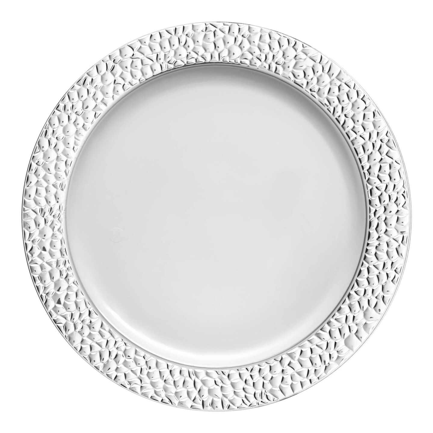 White with Silver Hammered Rim Round Plastic Dinner Plates - 10.25&#x22; (120 Plates)