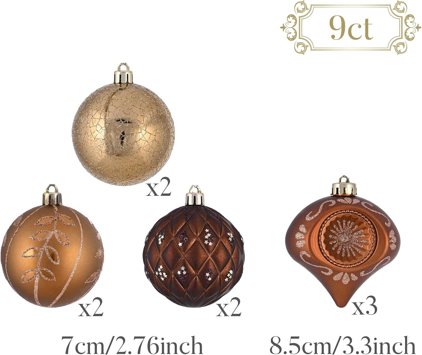 Christmas Ball Ornaments, 9ct Bronze Copper Brown and Gold Shatterproof Fall Christmas Tree Decorations Set, 2.76 Inches Luxury Hanging Ornaments for Xmas Trees Bulk Holiday Decor