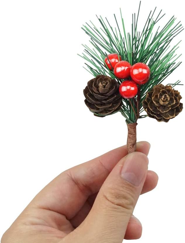 Red Berry Pinecones Pine Needles Stems Picks Artificial Winter Christmas Berries Decor for Crafts Christmas Garland and Holiday Wreath Ornaments, 20 Branch