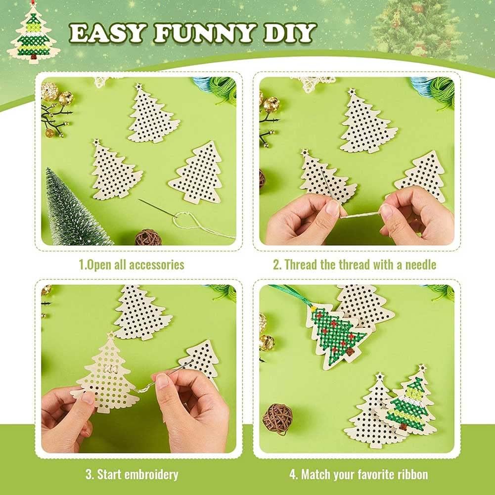 10 pcs Christmas Wooden Cross Stitch Kits Cross Stitch Wood Ornaments Christmas Hanging Decors Craft Christmas Decorations for Christmas Tree Decoration Supplies (Tree Style)