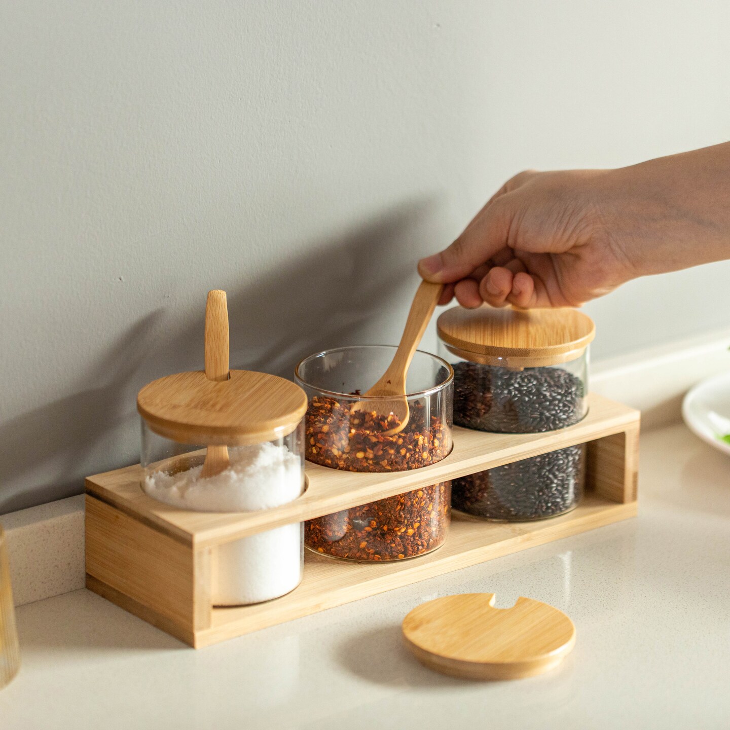 Basicwise 3-Piece Glass Containers with Bamboo Lids and Tray Holder – Decorative Storage for Condiment Pots and Spice Jars - Coffee Station Accessories, Perfect Organizer for Home Kitchen or Café
