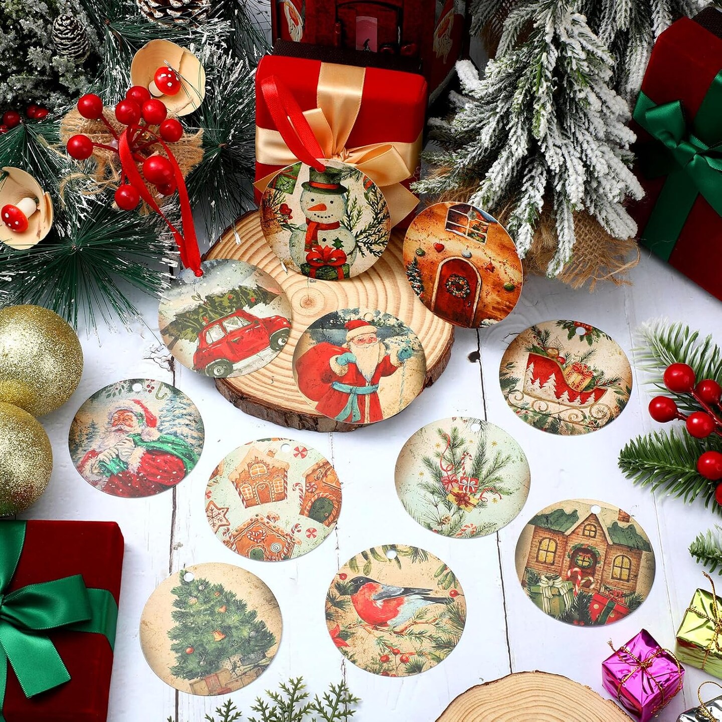 60 Pcs Vintage Christmas Tags for Gifts Merry Christmas Labels with String Holiday Presents Tags for Xmas Gift Tags with Ribbon for Home Decor Gift Wrapping Holiday Presents Package (Retro Style)