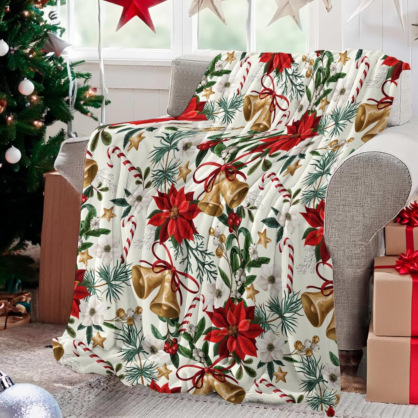 Christmas Throw Blanket, Luxury Soft Xmas Bell Flannel Blanket with Poinsettia Flower Candy Cane Star Pattern, Cozy Fluffy Red Green Gold Christmas Plush Fleece Blanket for Couch Winter