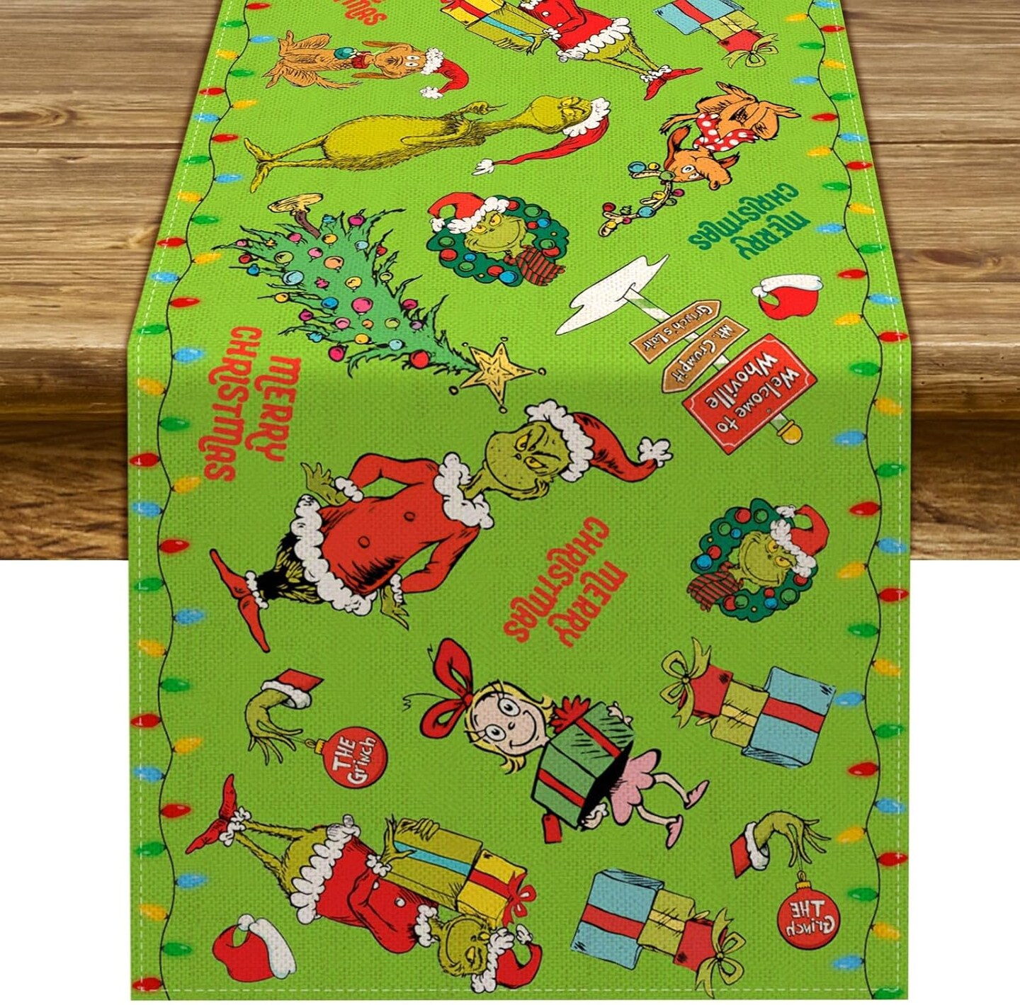 Merry Christmas Table Runner Whoville Christmas Xmas Winter Holiday Season Party Decorations Kitchen Fireplace Dining Room Home Decor (Green, 13&#x22; x 90&#x22;)
