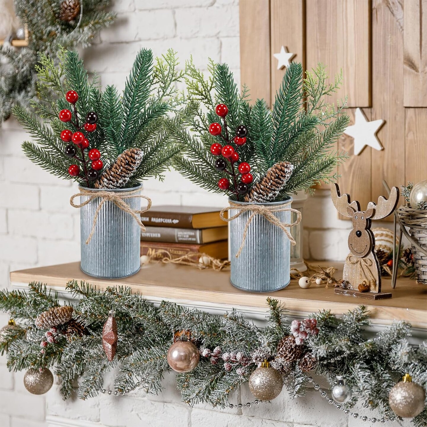 3 Pack Christmas Artificial Potted Plants Christmas Greenery Red Berry and Snowy Pinecone in Small Rustic Galvanized Metal Pot Farmhouse Centerpiece for Holiday Winter Home Tiered Tray Tabletop