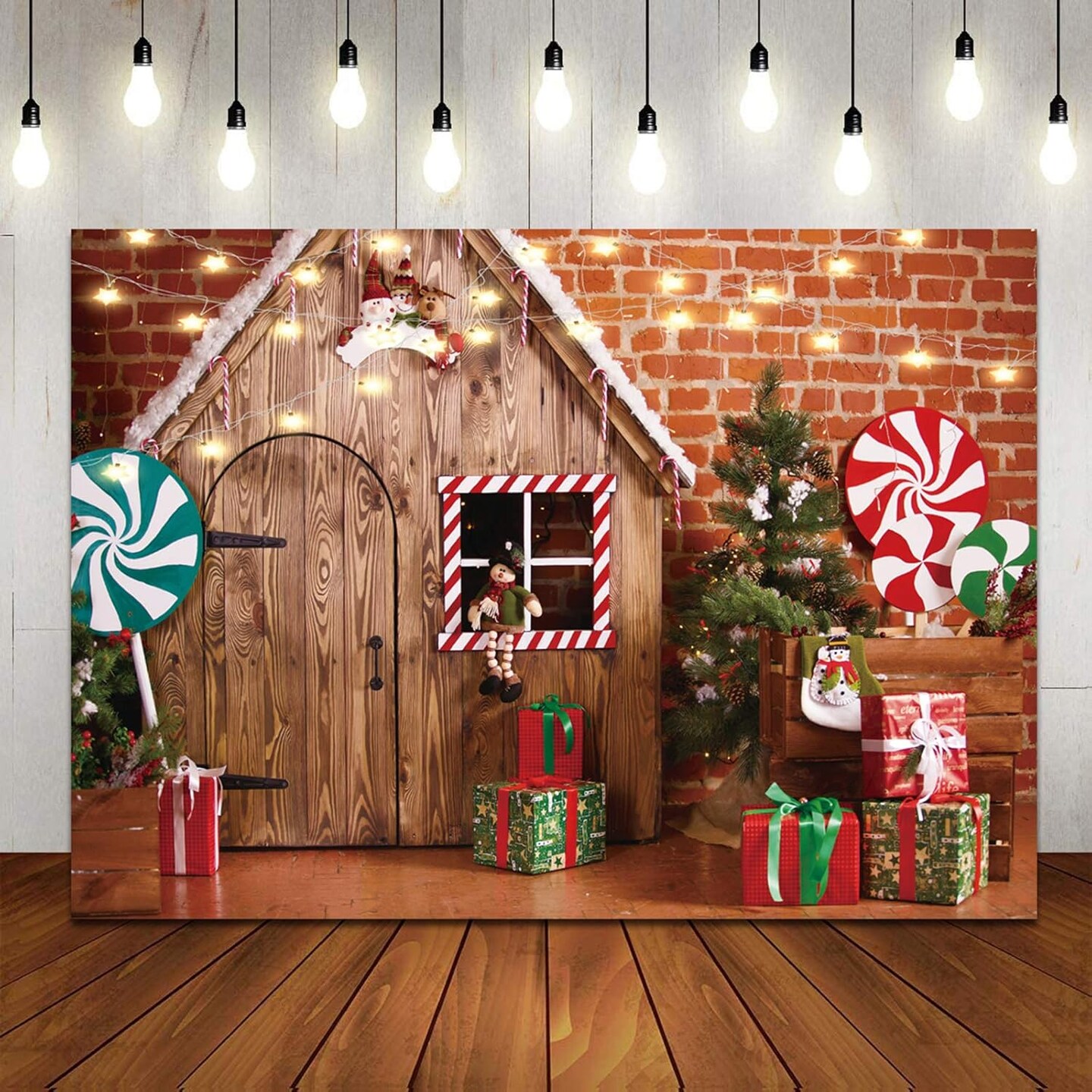 8X6ft Christmas Fabric Photography Backdrop Gingerbread House Candy Tree and Gifts for Kids Portrait Photo Studio Booth Photographer Props