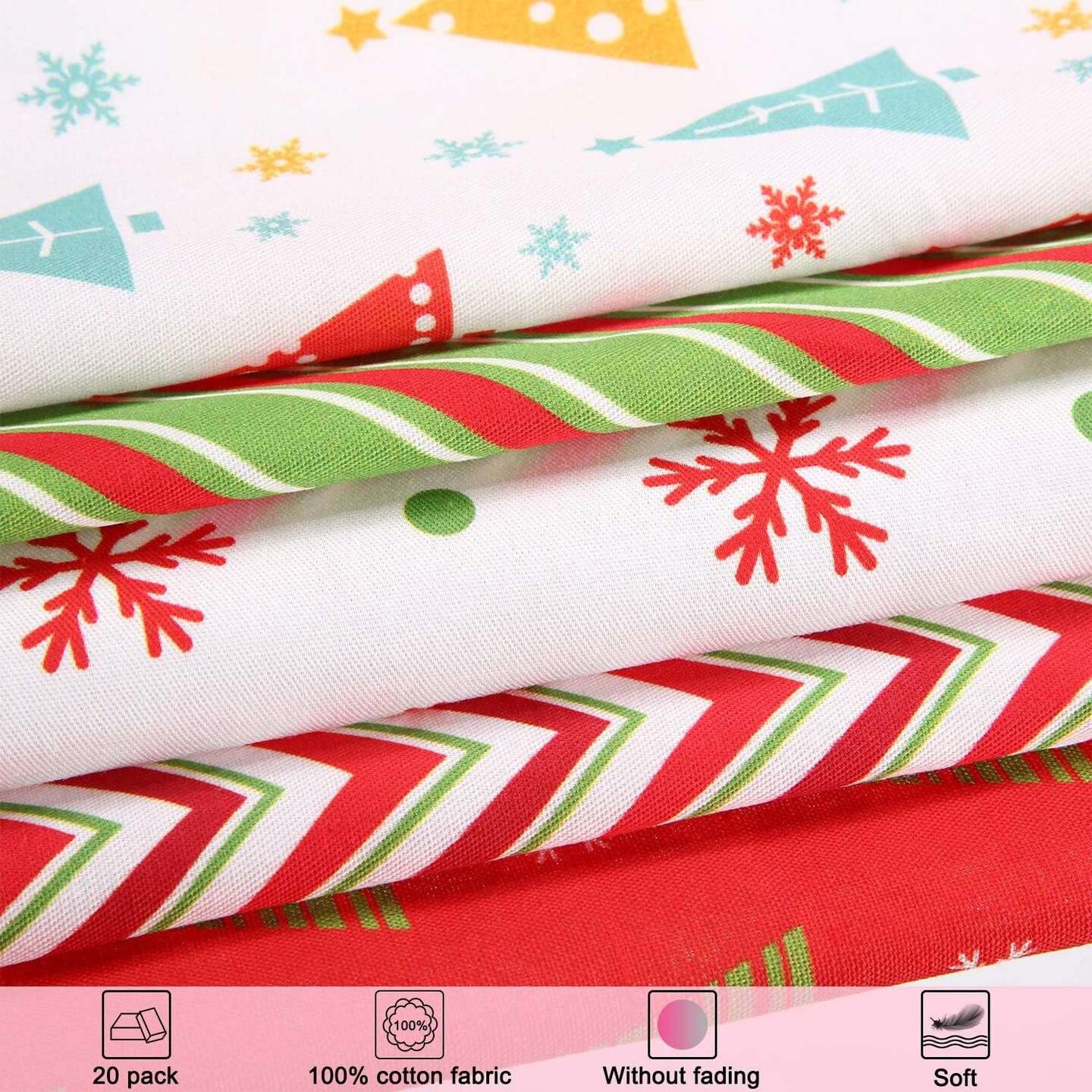 10 Pieces 20x20inch Christmas Fabric Squares Christmas Cotton Quilting Fabric Christmas Fat Quarters by The Yard Snowflake Print Red Green Precut Patchwork Fabric for DIY Xmas Sewing Crafting