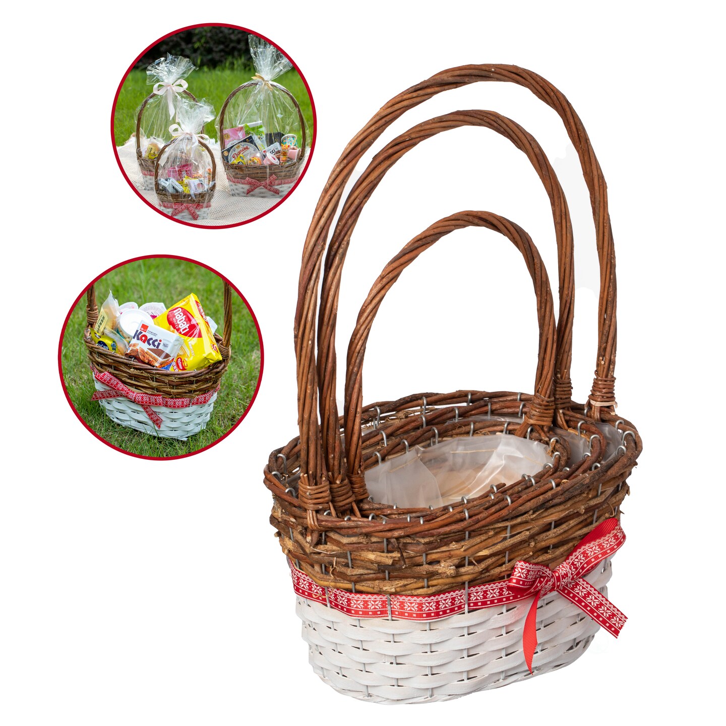 Wickerwise Set of 3 Rattan Woven Baskets with Handle and Plastic Lining, Sturdy and Stylish Picnic and Gift Baskets - Ideal as Fruit Basket, for Storing Picnic Accessories, Garden Items and Home Decor