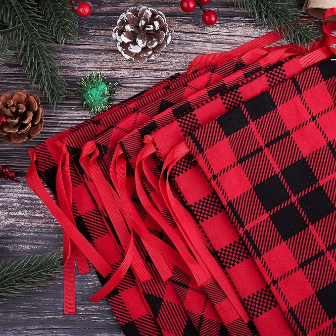 Aneco 12 Pieces Mini Christmas Cotton Buffalo Plaid Red and Black Plaid Drawstring Bag 7.8 by 5.9 Inches Stocking Storage Sack Xmas Bag Candy Sack Party Favors Bags with 20 Christmas Tags