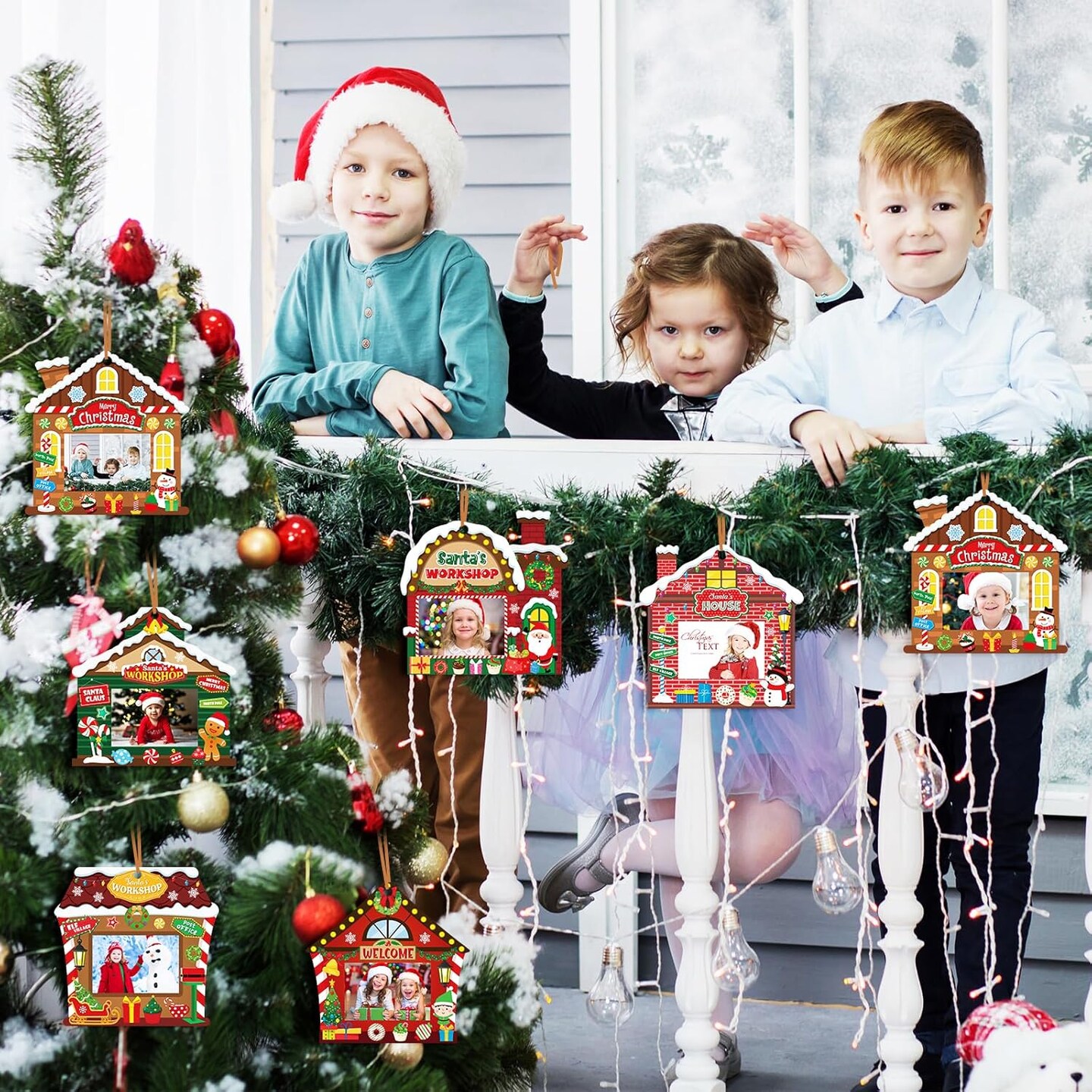 24 Pack Christmas Picture Frame Craft Ornament Kits DIY Christmas Picture Frames Xmas Holiday Santa&#x27;s Workshop Picture Frame Craft Ornaments for Christmas Tree Decor Group Game Activities