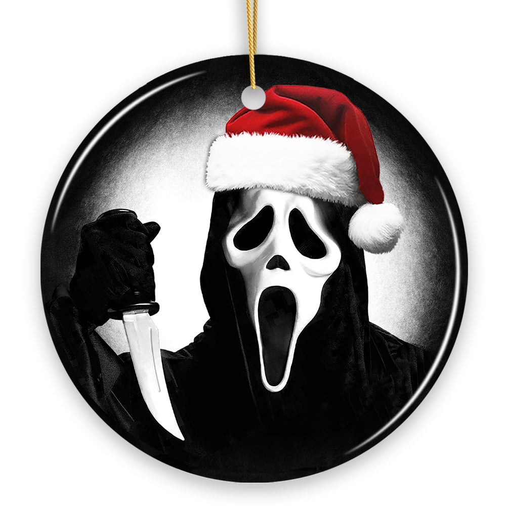 Bone Chilling Scarface Mask With Santa Hat Ornament, Nightmarish Christmas Gift for Halloween Tree