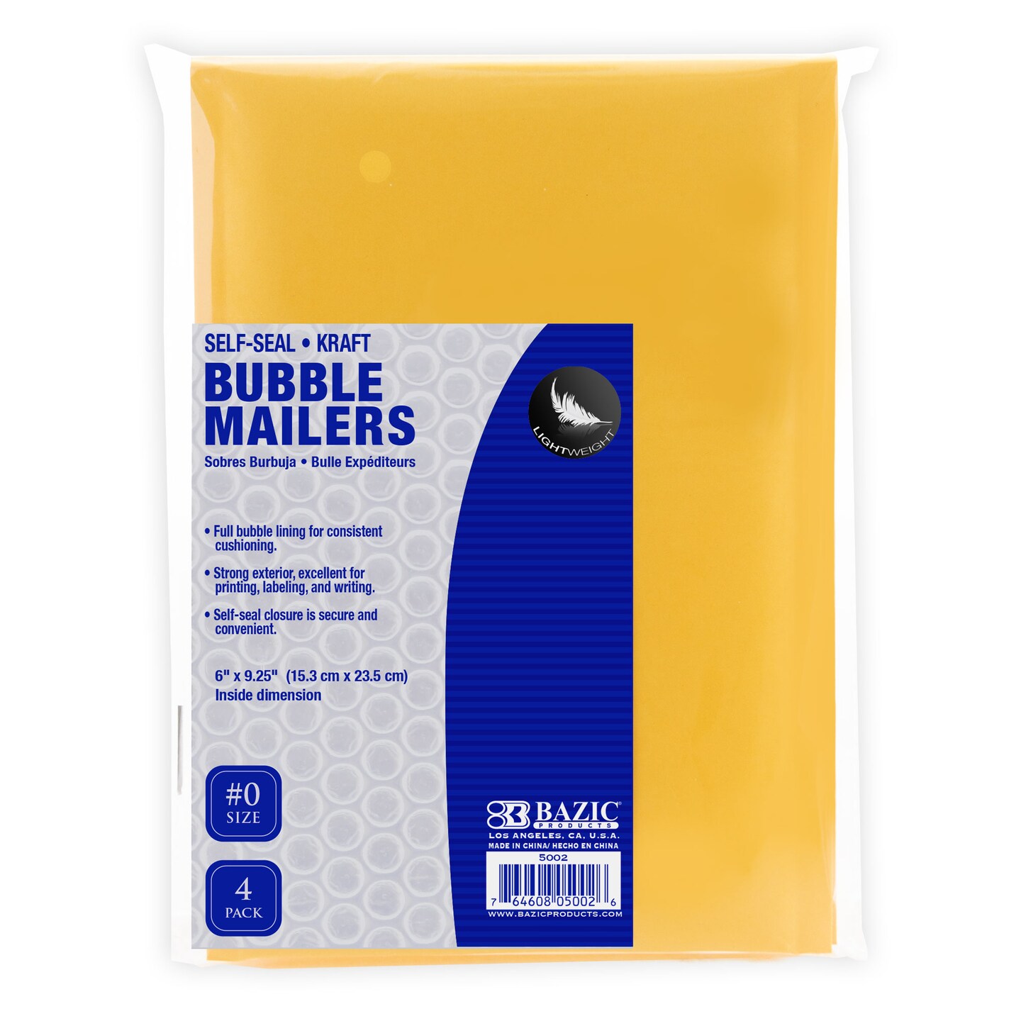 BAZIC Self-Seal Bubble Mailers (#0) 6&#x22; x 9.25&#x22; (4/Pack)