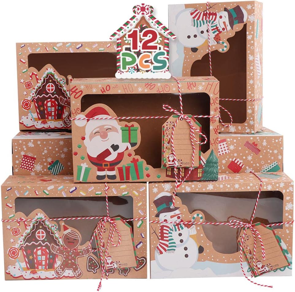 12 Pack Christmas Cookie Boxes Large Holiday Bakery Gift Boxes with Window and Tags, Kraft Cupcake Boxes, Food Packaging Containers for Gift Giving, Christmas Party Favor, Fits 20 Cookies