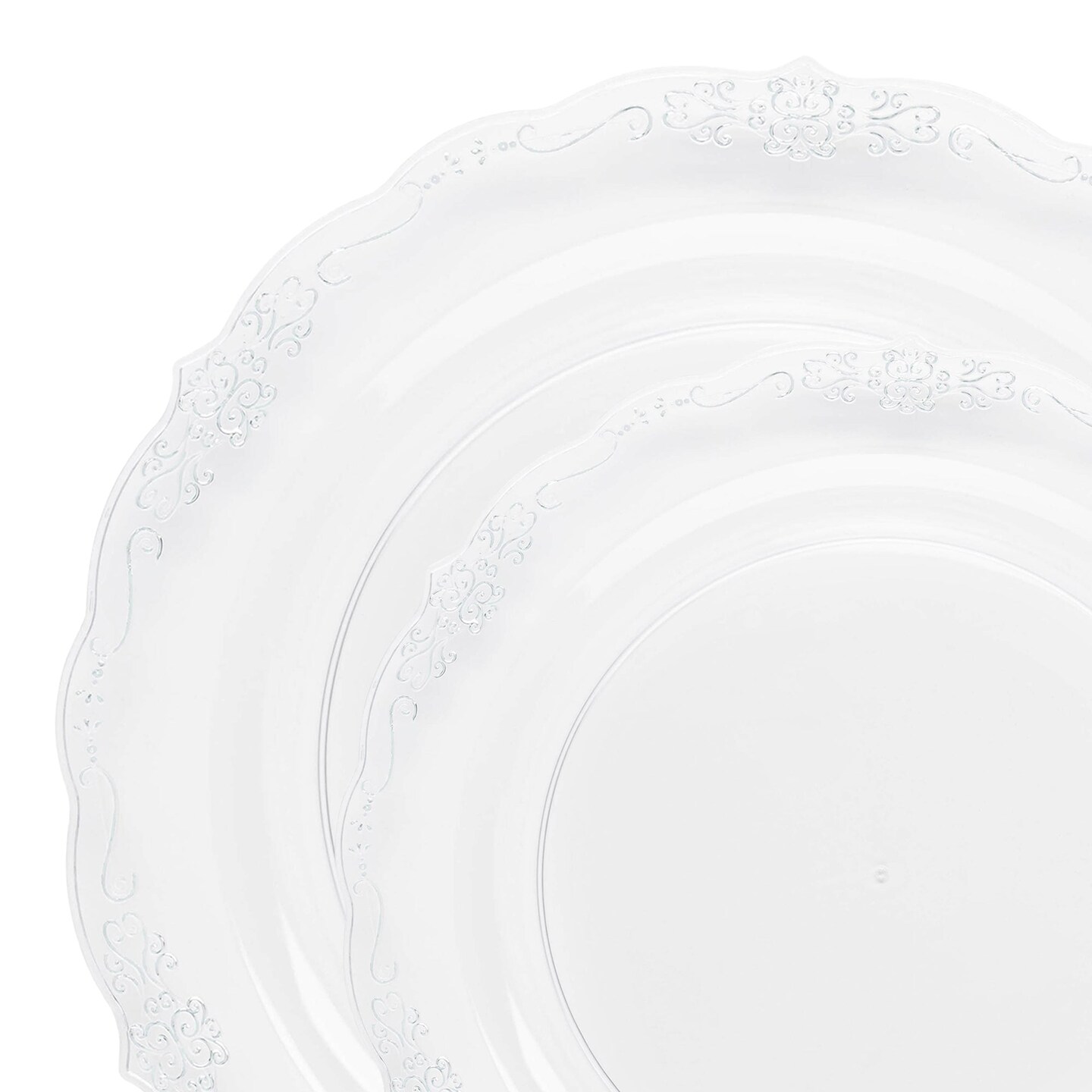 Clear with Silver Vintage Rim Round Disposable Plastic Dinnerware Value Set (120 Guests)