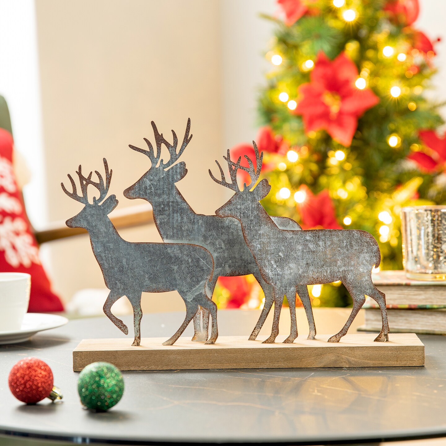 13.25&#x22;L Galvanized Metal/Wooden Reindeer Table D&#xE9;cor