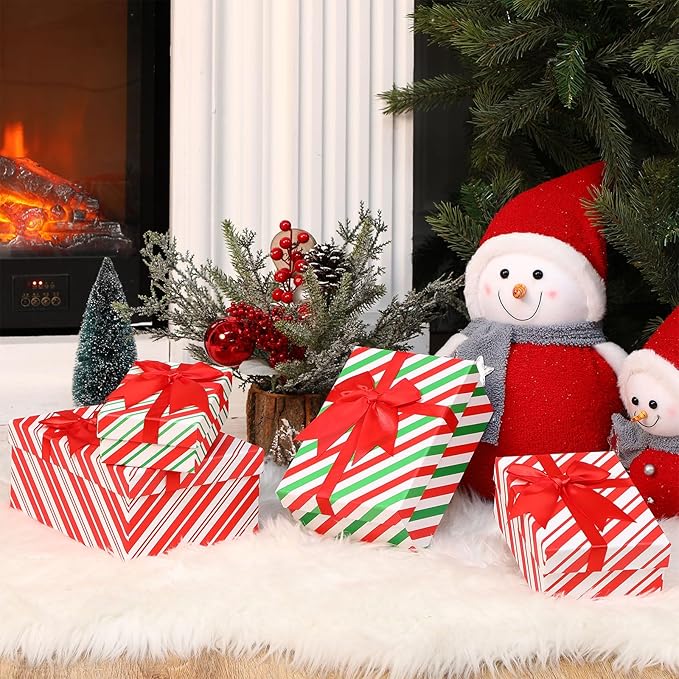 Boxes Red White Striped Christmas Boxes Hard Xmas Stackable Boxes with Lids Decorative Xmas Nested Present Boxes for New Year Birthday Party Gift Decor Supplies