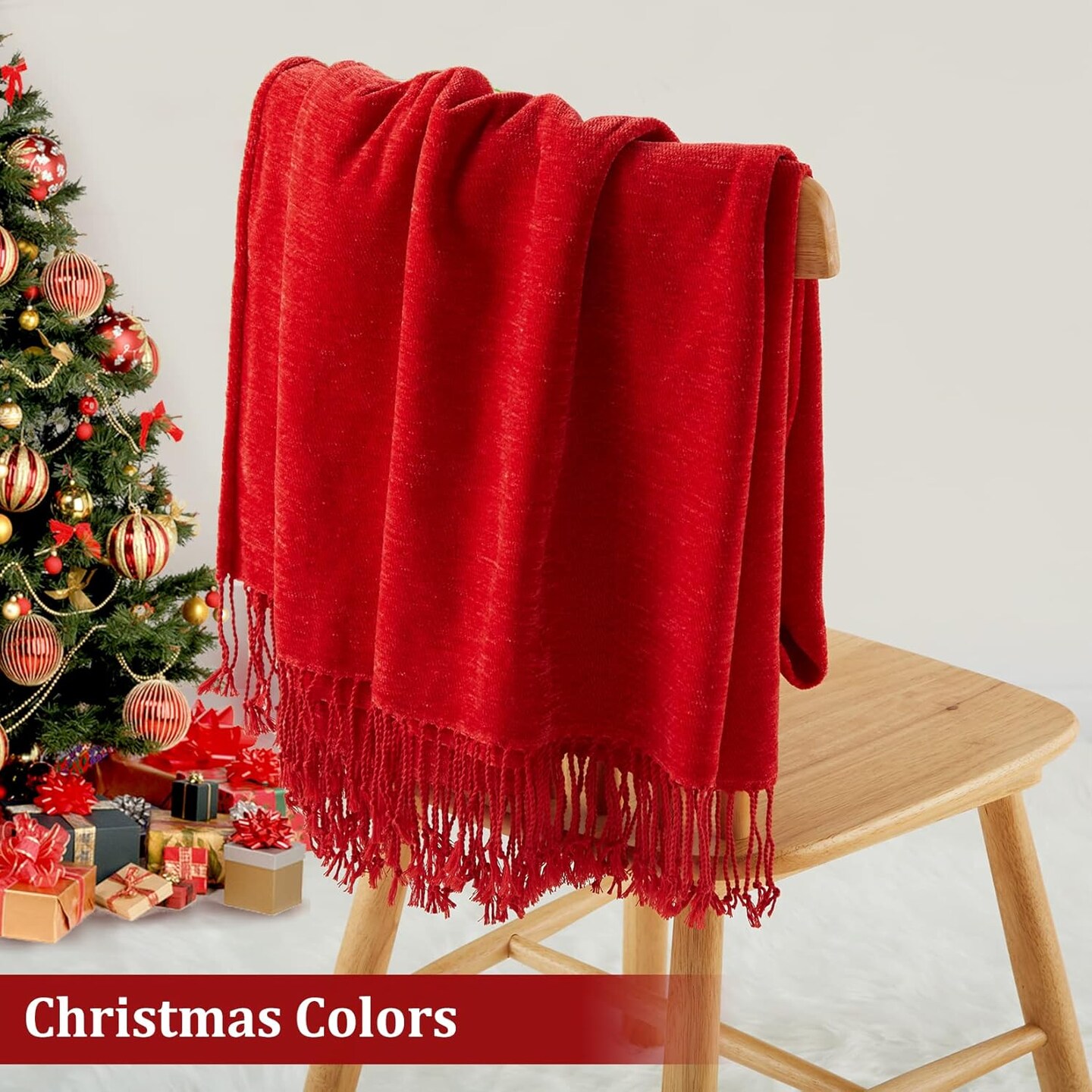 Christmas Red Throw Blanket for Couch, Soft Chenille Throw Blankets with Decoration Tassel, Velvety Texture Knitted Throw for Home Couch Sofa Chair Bed (Christmas Red, 50 x 60 Inches)