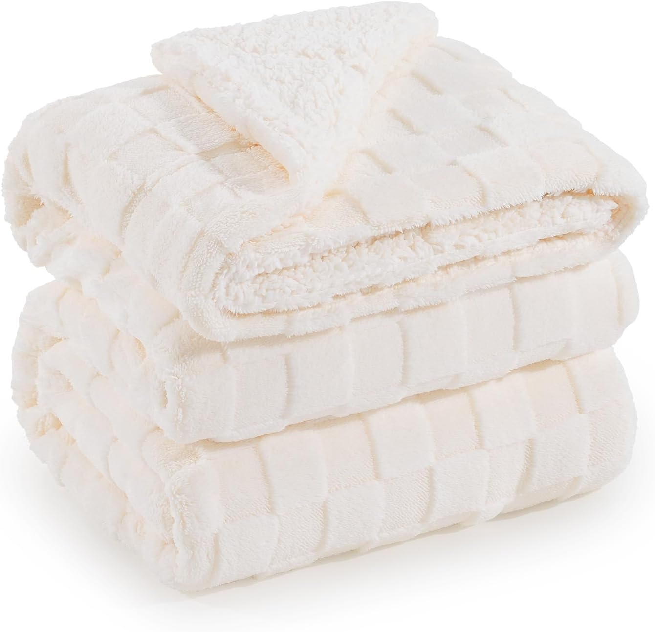Sherpa Throw Blanket for Couch Bed, Checkered Throw Blanket for Women, Soft Fuzzy Cozy Fleece Blanket for Living Room, Christmas Throw Blanket Presents, Cream White, 50x60 inches