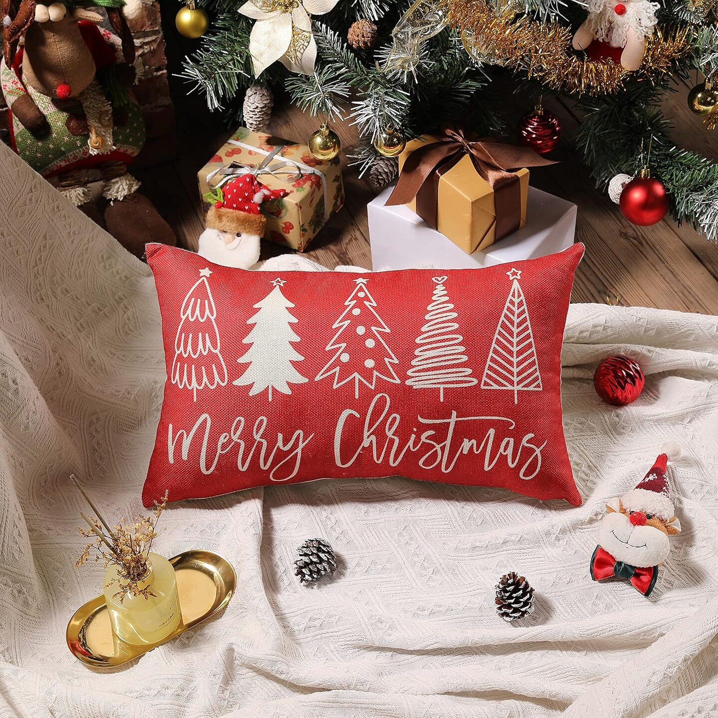 Merry Christmas Pillow Cover 12x20 Farmhouse Christmas Throw Lumbar Pillow Cover Decorations Christmas Tree Holiday Decor Case for Home Couch