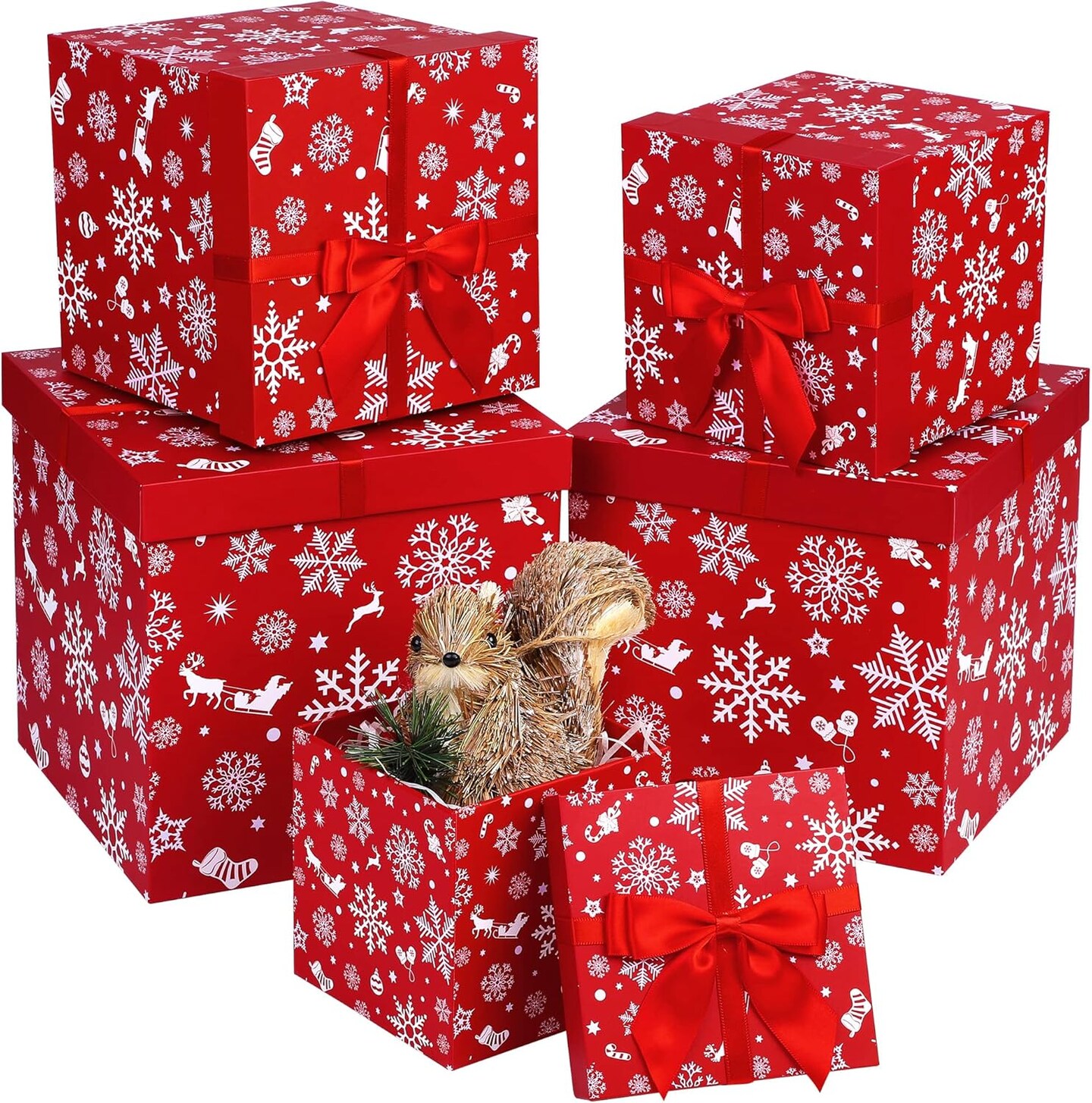 5 Pieces Christmas Nesting Gift Boxes with Lids Snowflake and Elk Designs Nested Hard Christmas Boxes Stackable Xmas Nested Paper Box with Ribbon for Gift Storage Decorating, Assorted Sizes