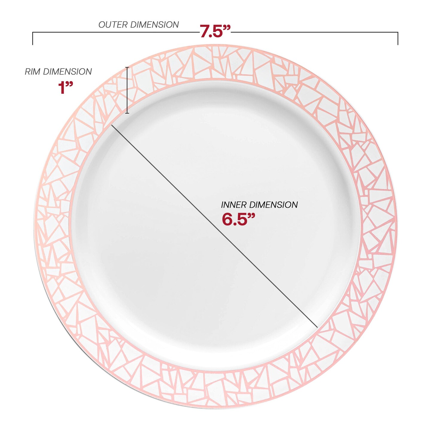 White with Silver and Rose Gold Mosaic Rim Round Plastic Appetizer/Salad Plates - 7.5" (120 Plates)