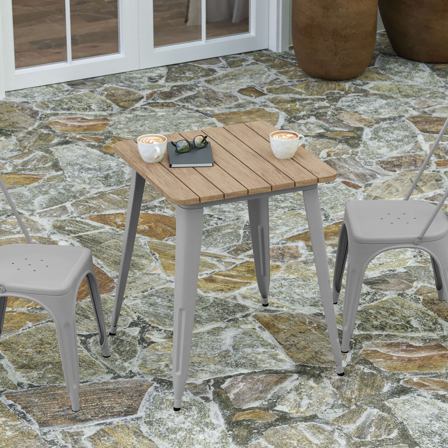Merrick Lane Dryden Indoor/Outdoor Dining Table, 23.75" Square All Weather Poly Resin Top with Steel Base