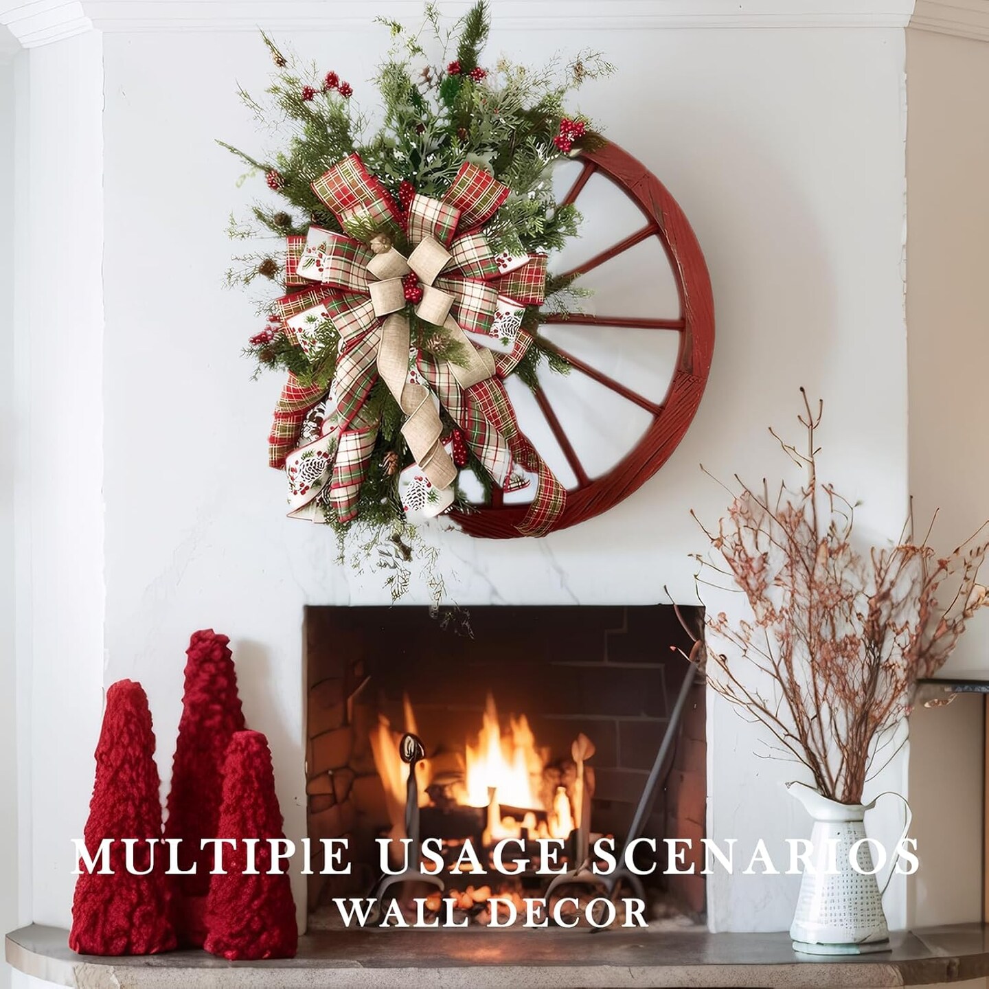 Christmas Wreath, 24 inch Artificial Plaid Bow Holiday Pine Cones Wreath Hanging Roulette Wheel Garland for Front Door Decoration and Christmas Party Decor