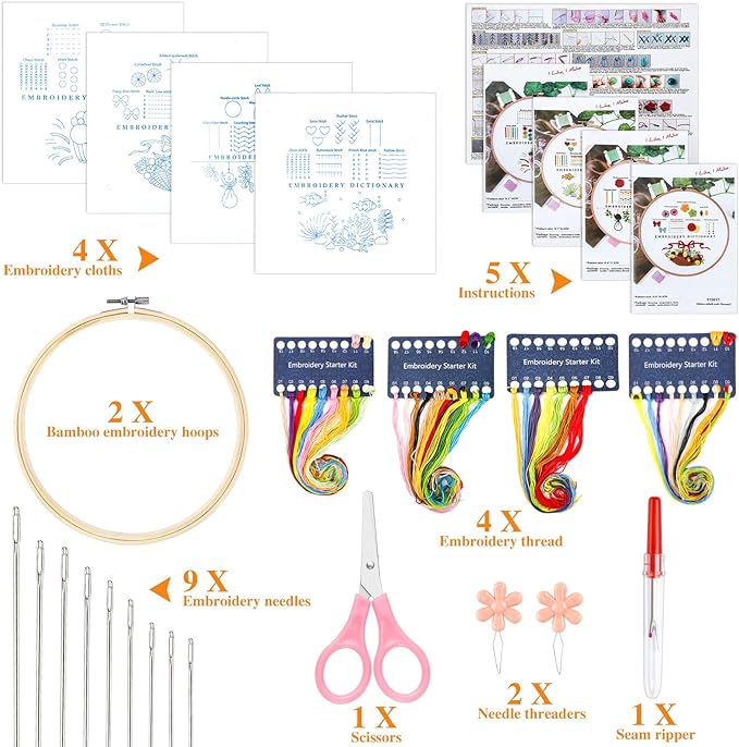 4 Set Christmas Patterns, Adjustable Embroidery Hoop, Includes Threads, Needles, Scissors, for Adults