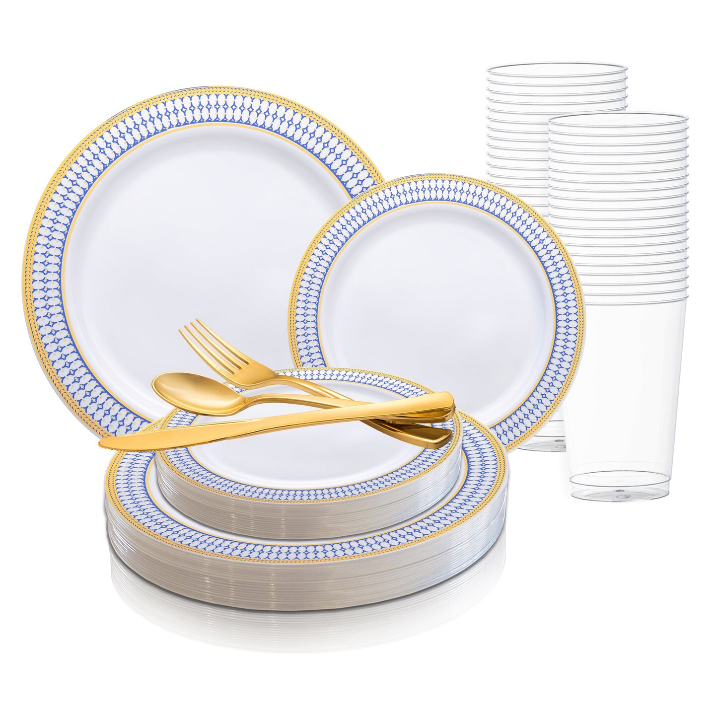 White with Blue and Gold Chord Rim Plastic Wedding Value Set (20 Settings)
