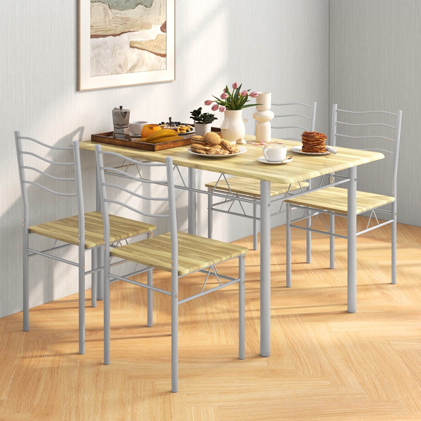 Costway 5 Piece Dining Table Set Wood Metal Kitchen Breakfast Furniture with 4 Chair Walnut/Natural